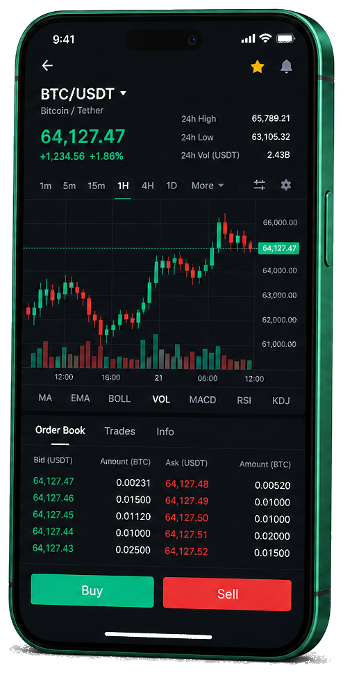 Interface mobile de trading Root Luxerisq — prix BTC/USDT en direct, carnet d’ordres et outils de suivi des opérations